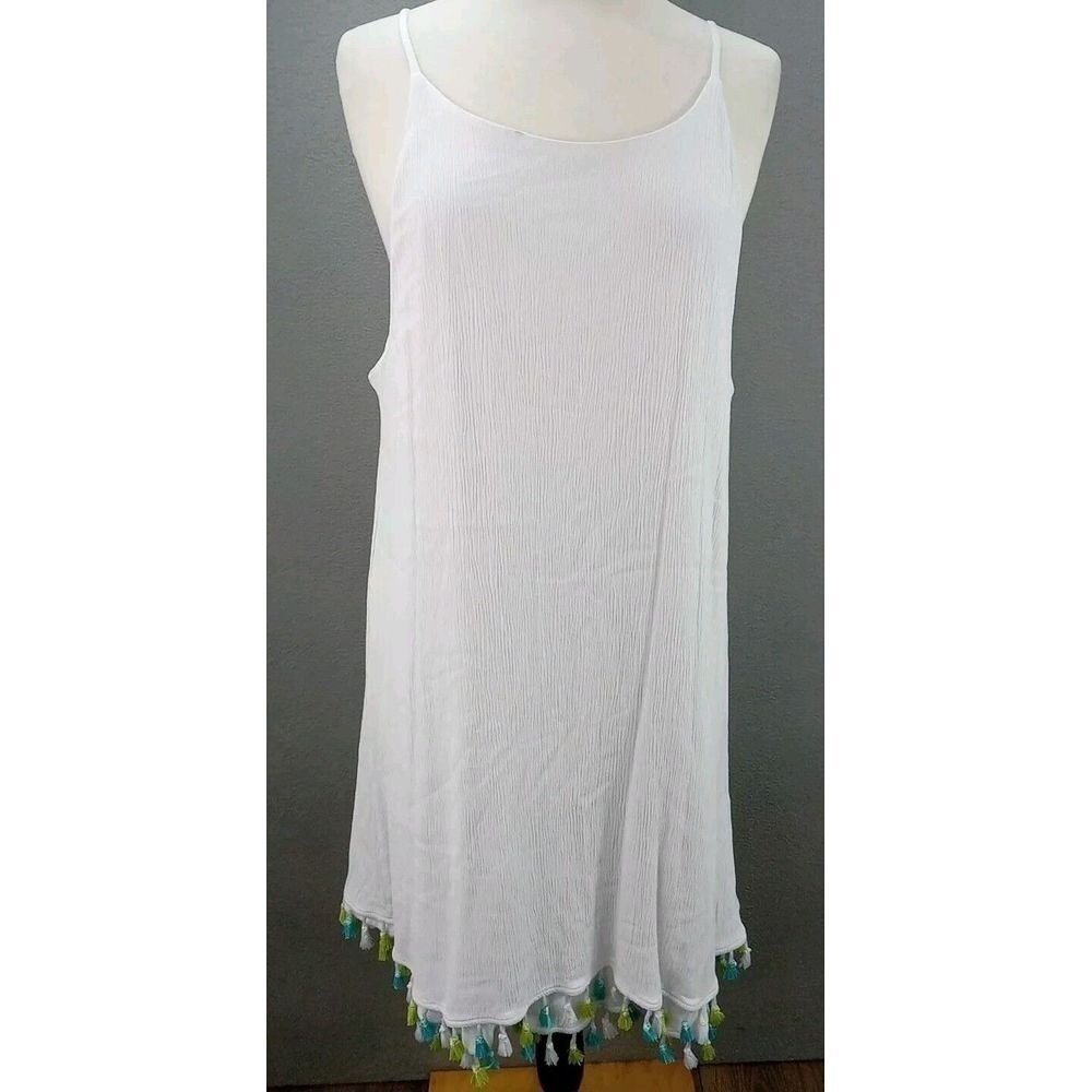 Nina Leonard Dress Womens XL White Summer Tassel Hem Lined Tank Beachy Cottage - Picture 5 of 11